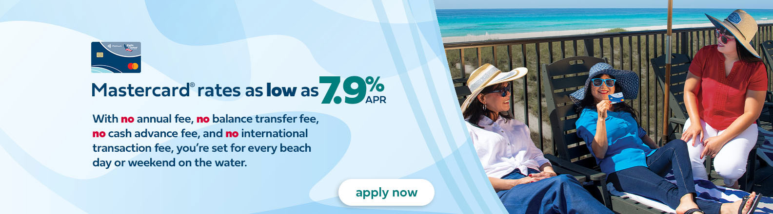 Mastercard rates as low as seven point nine percent APR. Click to apply online now.